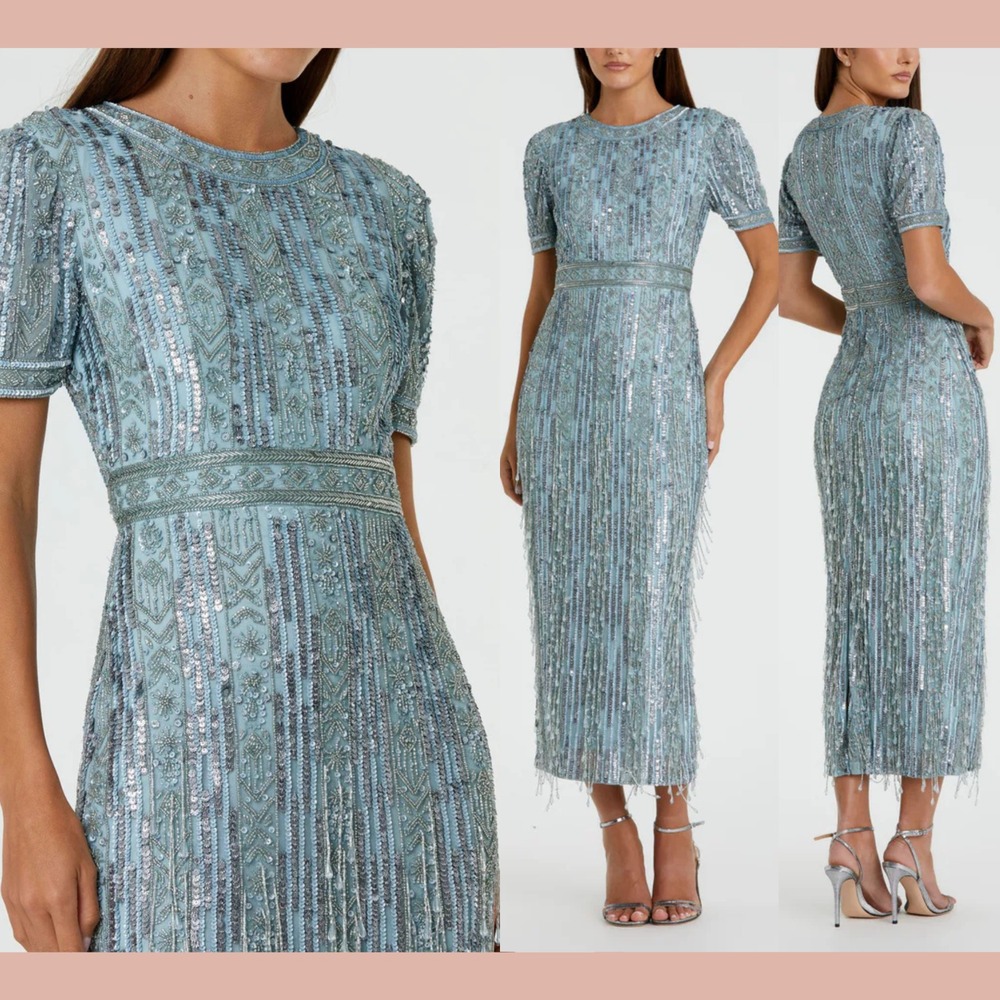 NWT Mac Duggal [ 8 ] 5980 High Neck Short Sleeve Crystal Fringe Dress Blue J1842